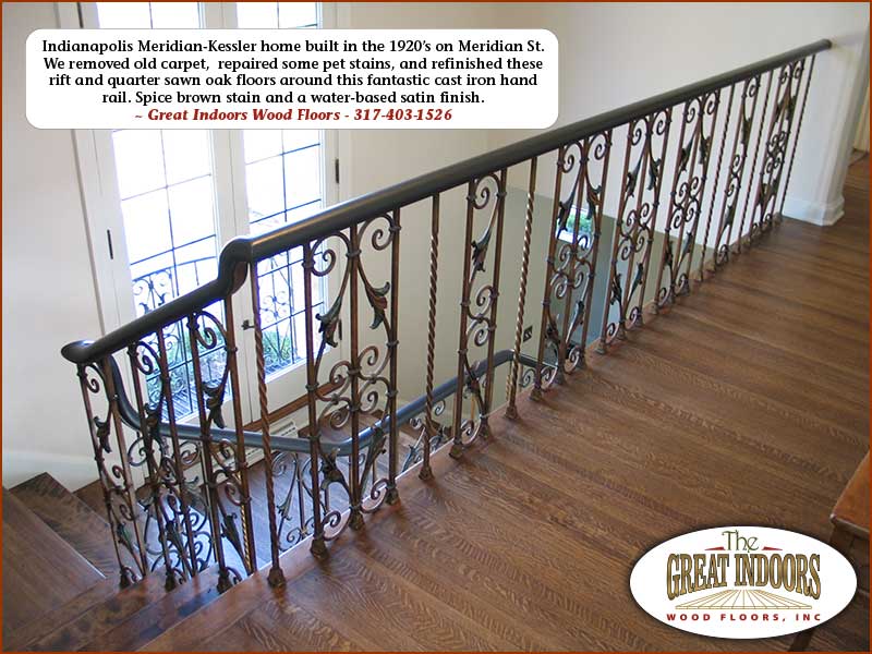 Quarter-sawn oak flooring on stair treads and landing in Indianapolis Meridian-Kessler home